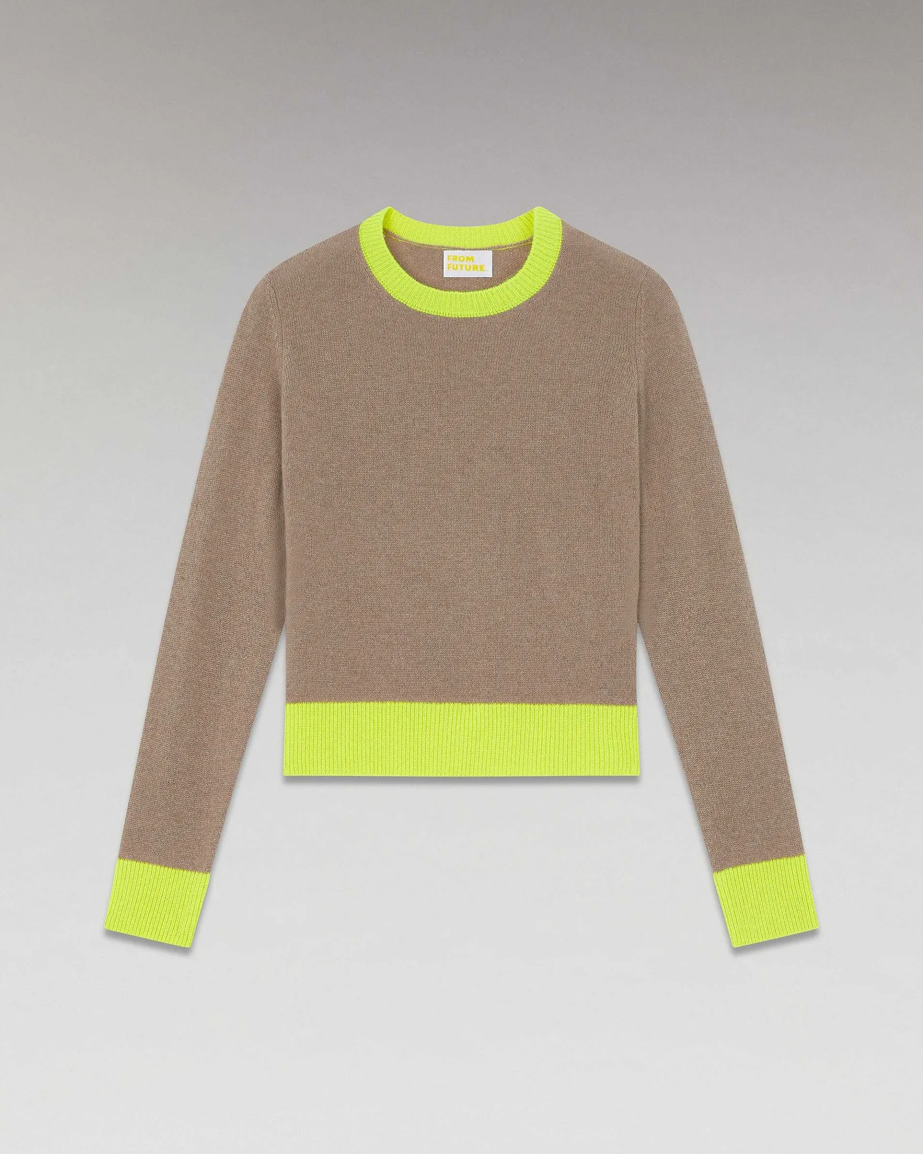 New FROM FUTURE Pull Col Rond Bicolore Leger Taupe
