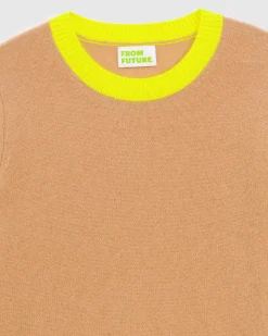 New FROM FUTURE Pull Col Rond Bicolore Leger Camel