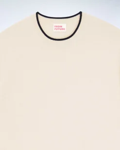 Sale FROM FUTURE Pull Col Rond Bord Contraste Sable
