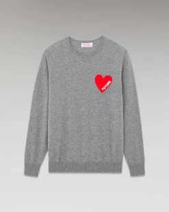 FROM FUTURE Pull Col Rond Coeur Gris Chine Fonce