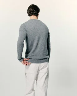 New FROM FUTURE Pull Col Rond Coeur Brode Gris Chine Fonce