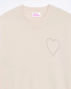 Best FROM FUTURE Pull Col Rond Coeur Brode Light Beige