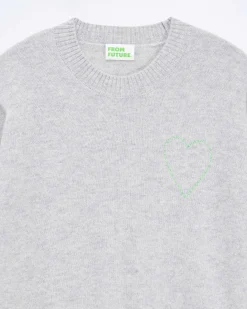 Discount FROM FUTURE Pull Col Rond Coeur Brode Gris Chine Clair