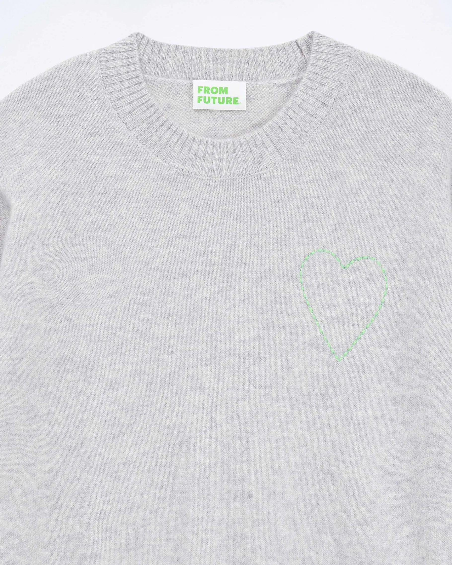 Discount FROM FUTURE Pull Col Rond Coeur Brode Gris Chine Clair