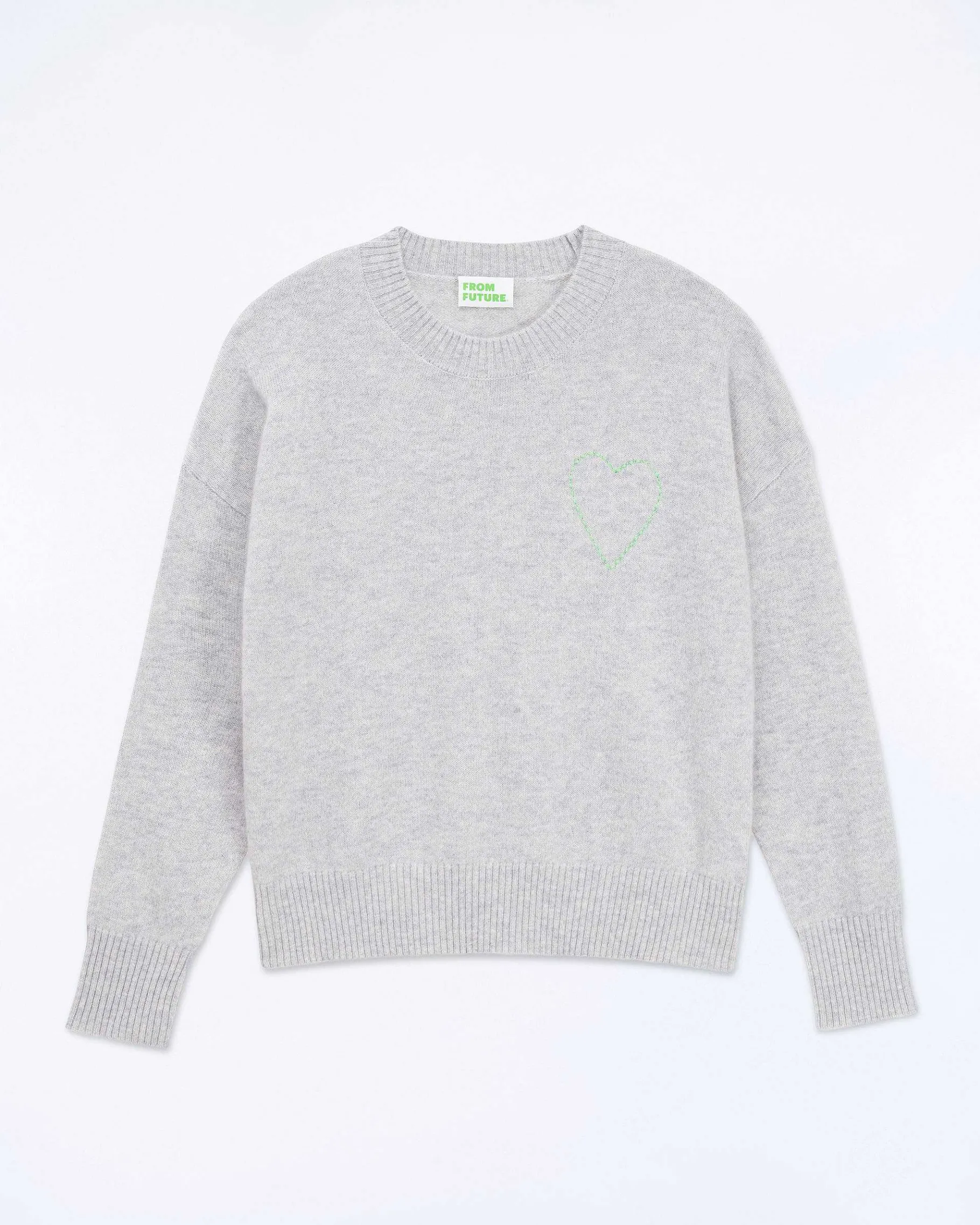 Discount FROM FUTURE Pull Col Rond Coeur Brode Gris Chine Clair