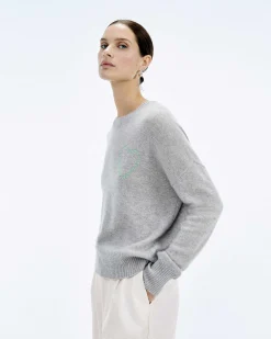 Discount FROM FUTURE Pull Col Rond Coeur Brode Gris Chine Clair