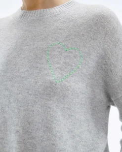 Discount FROM FUTURE Pull Col Rond Coeur Brode Gris Chine Clair