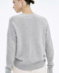 Discount FROM FUTURE Pull Col Rond Coeur Brode Gris Chine Clair