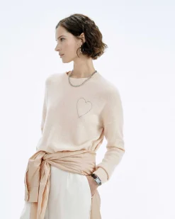 Discount FROM FUTURE Pull Col Rond Coeur Brode Light Beige