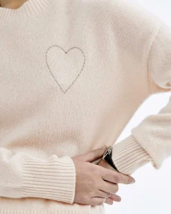 Discount FROM FUTURE Pull Col Rond Coeur Brode Light Beige
