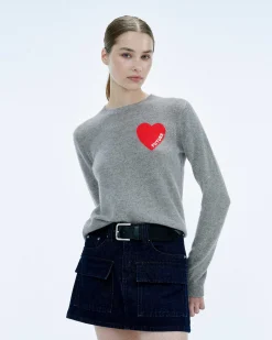 Clearance FROM FUTURE Pull Col Rond Coeur Broderie Future Light Gris Chine Fonce
