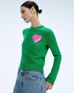 Outlet FROM FUTURE Pull Col Rond Coeur Broderie Future Light Tropical Green