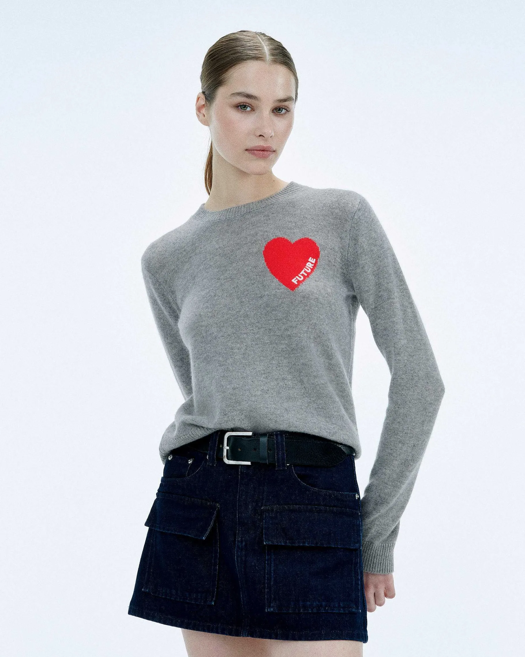FROM FUTURE Pull Col Rond Coeur Broderie Future Light Ecru