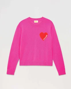 FROM FUTURE Pull Col Rond Coeur Leger Rose Fluo