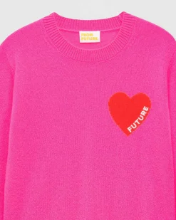 FROM FUTURE Pull Col Rond Coeur Leger Rose Fluo