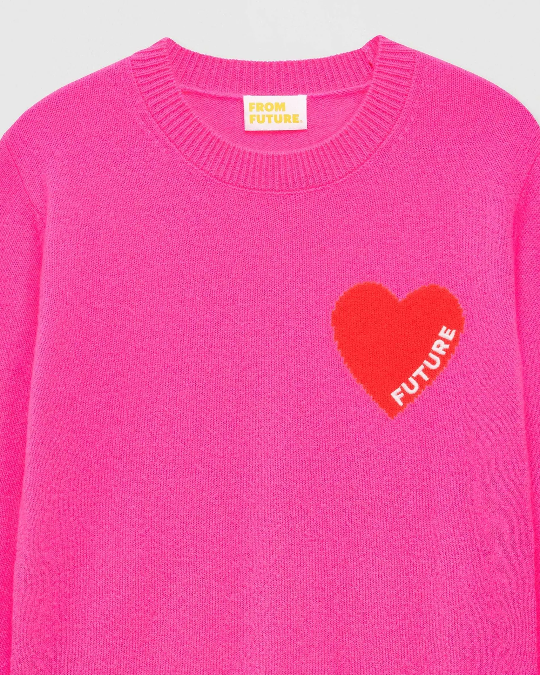 FROM FUTURE Pull Col Rond Coeur Leger Rose Fluo