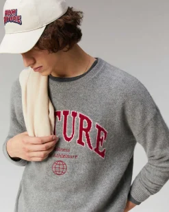 New FROM FUTURE Pull Col Rond College Gris Chine Fonce