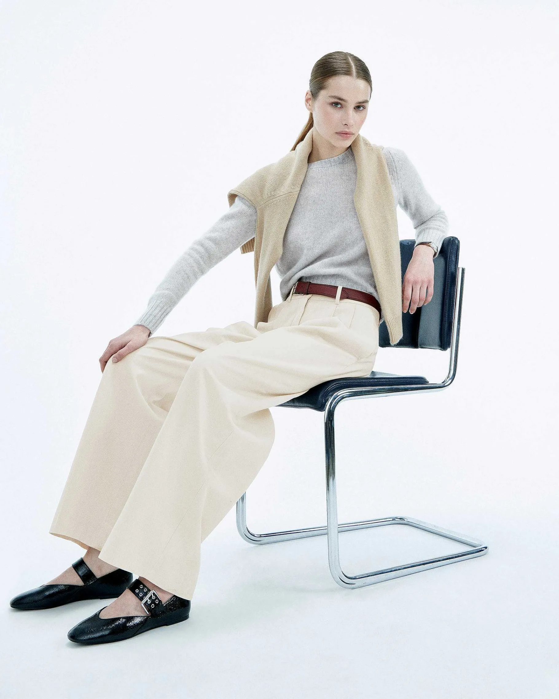Outlet FROM FUTURE Pull Col Rond Court Gris Chine Clair