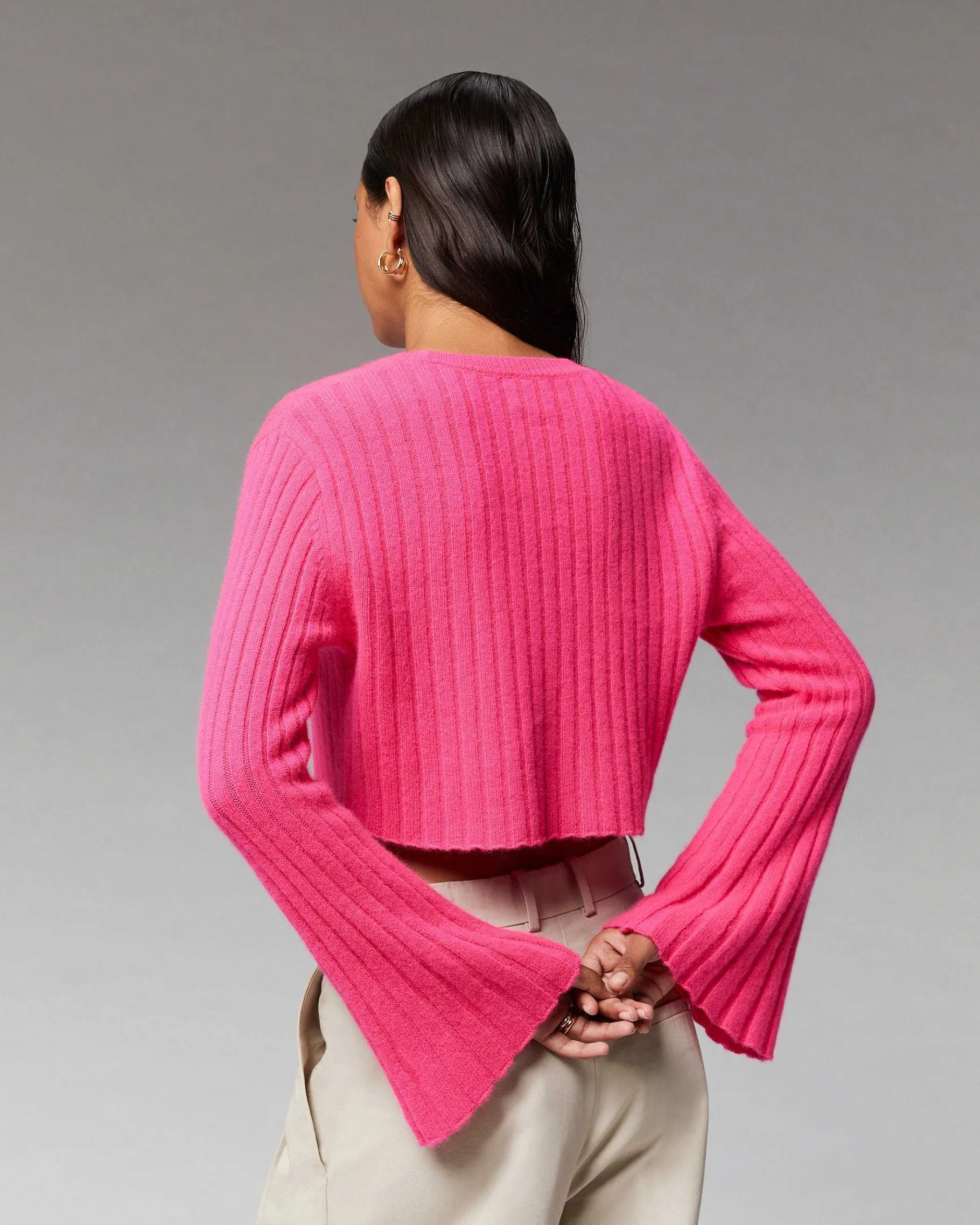 Sale FROM FUTURE Pull Col Rond Court Manches Evasees Winter Fuschia