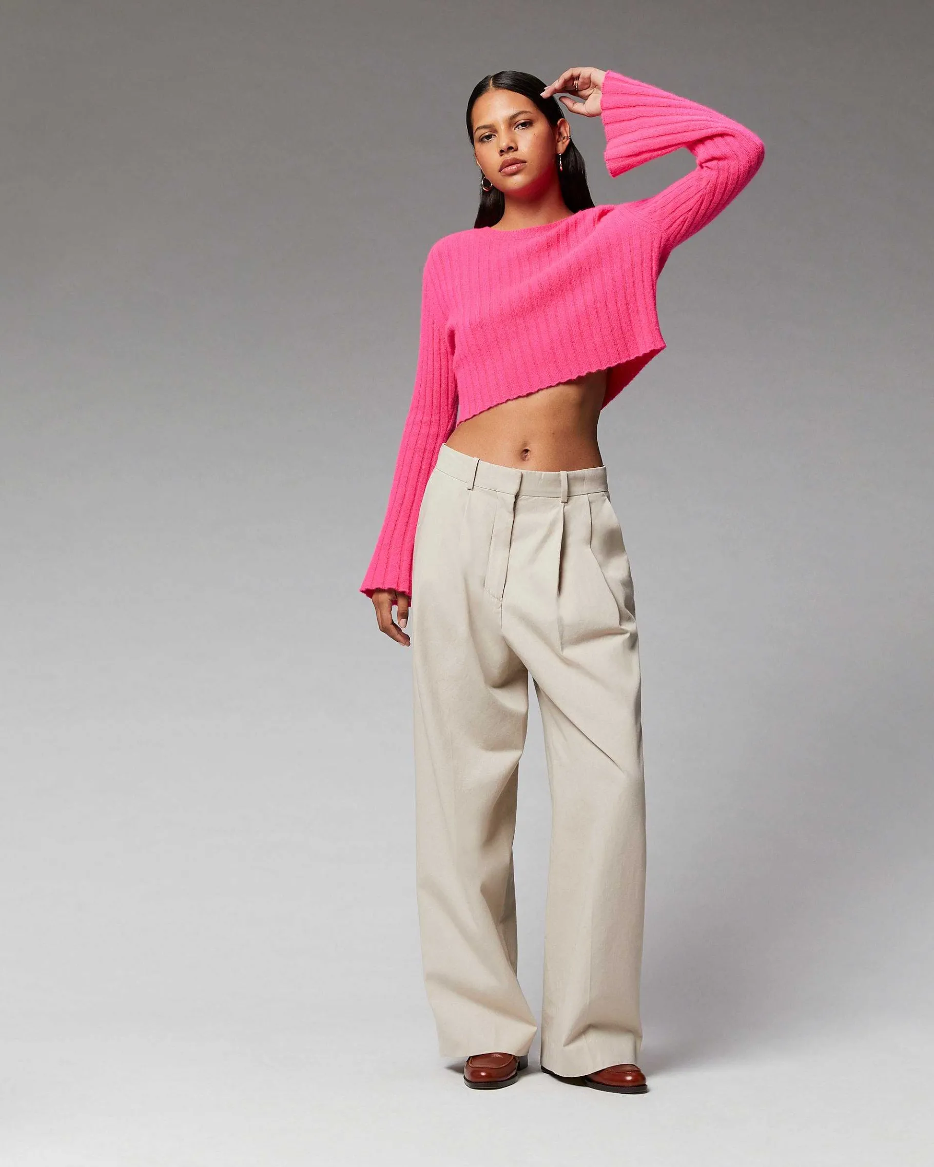 New FROM FUTURE Pull Col Rond Court Manches Evasees Winter Fuschia