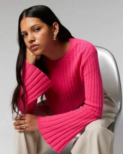 New FROM FUTURE Pull Col Rond Court Manches Evasees Winter Fuschia