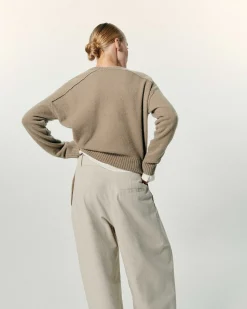 Sale FROM FUTURE Pull Col Rond Coutures Apparentes Tropical Taupe