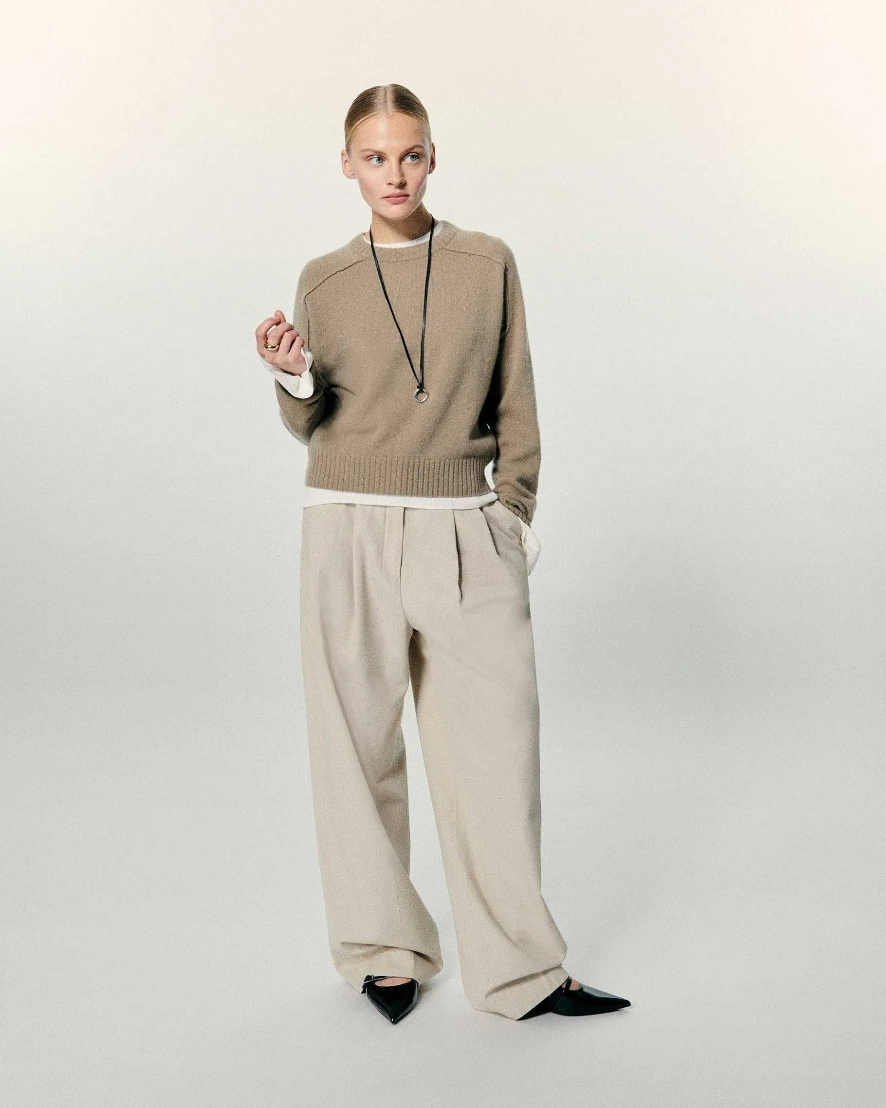 Sale FROM FUTURE Pull Col Rond Coutures Apparentes Tropical Taupe