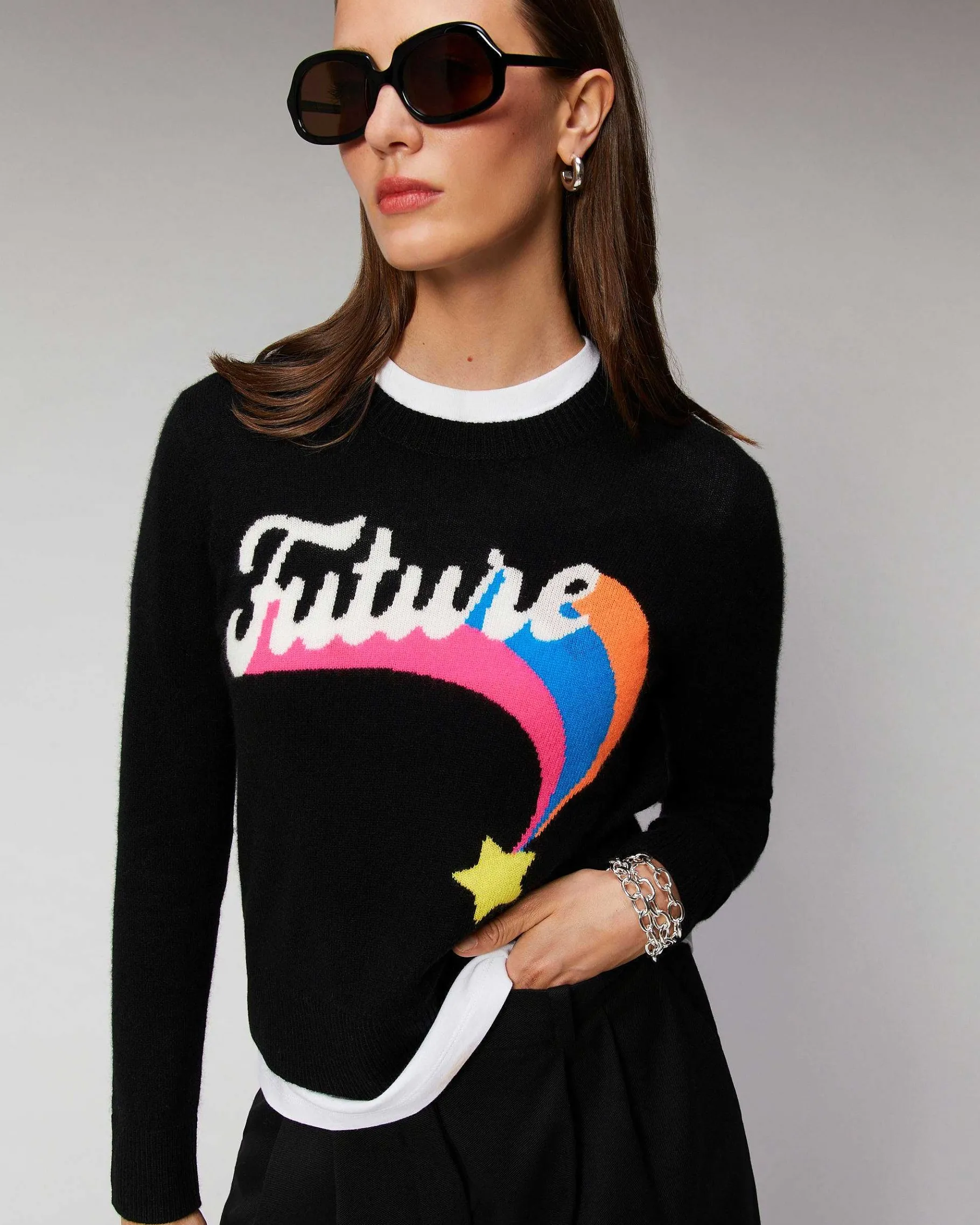 Discount FROM FUTURE Pull Col Rond Future Etoile Filante Leger Noir