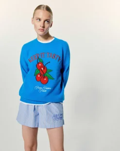 Hot FROM FUTURE Pull Col Rond Keep It Tasty Surf Blue