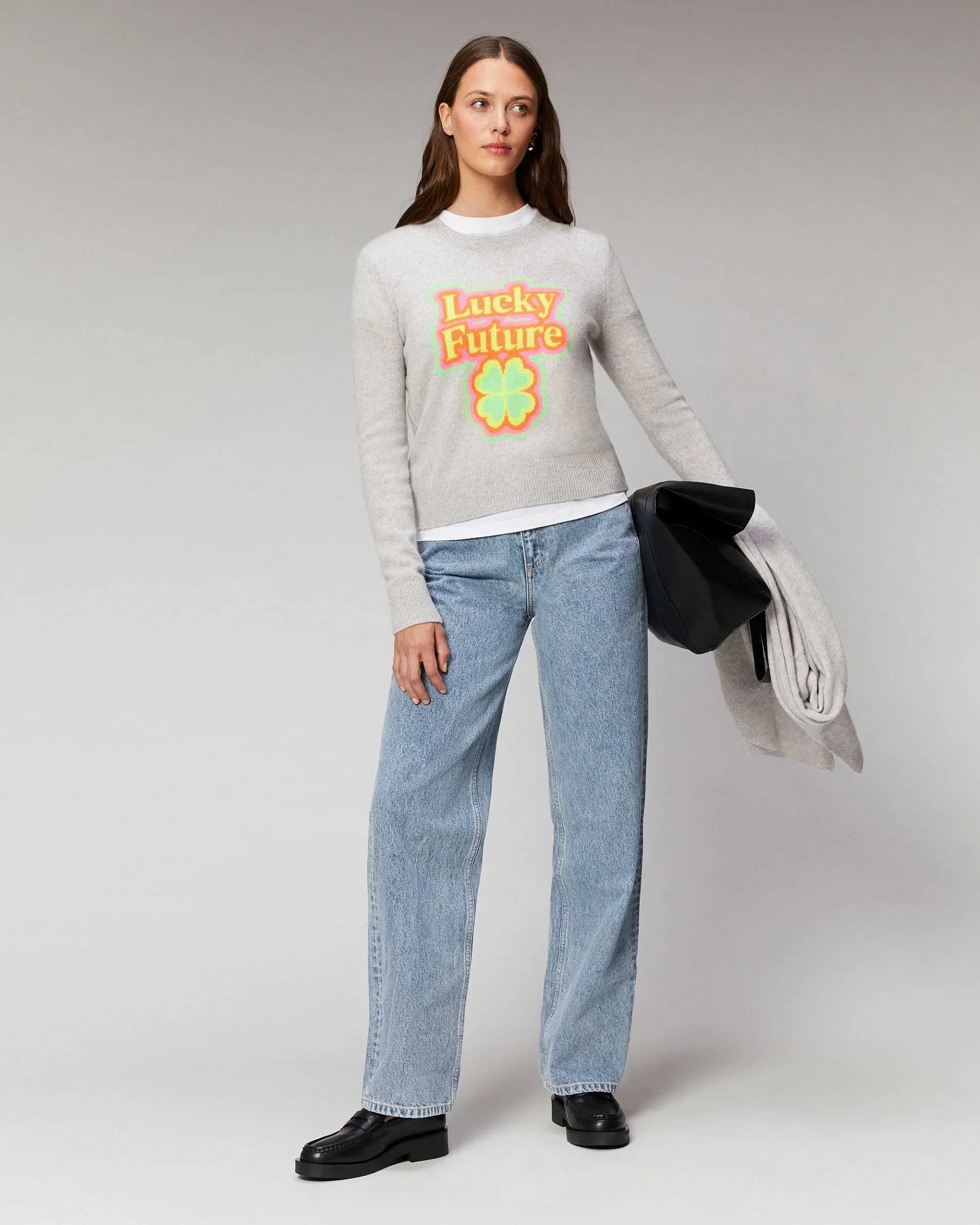 New FROM FUTURE Pull Col Rond Lucky Future Leger Gris Chine Clair