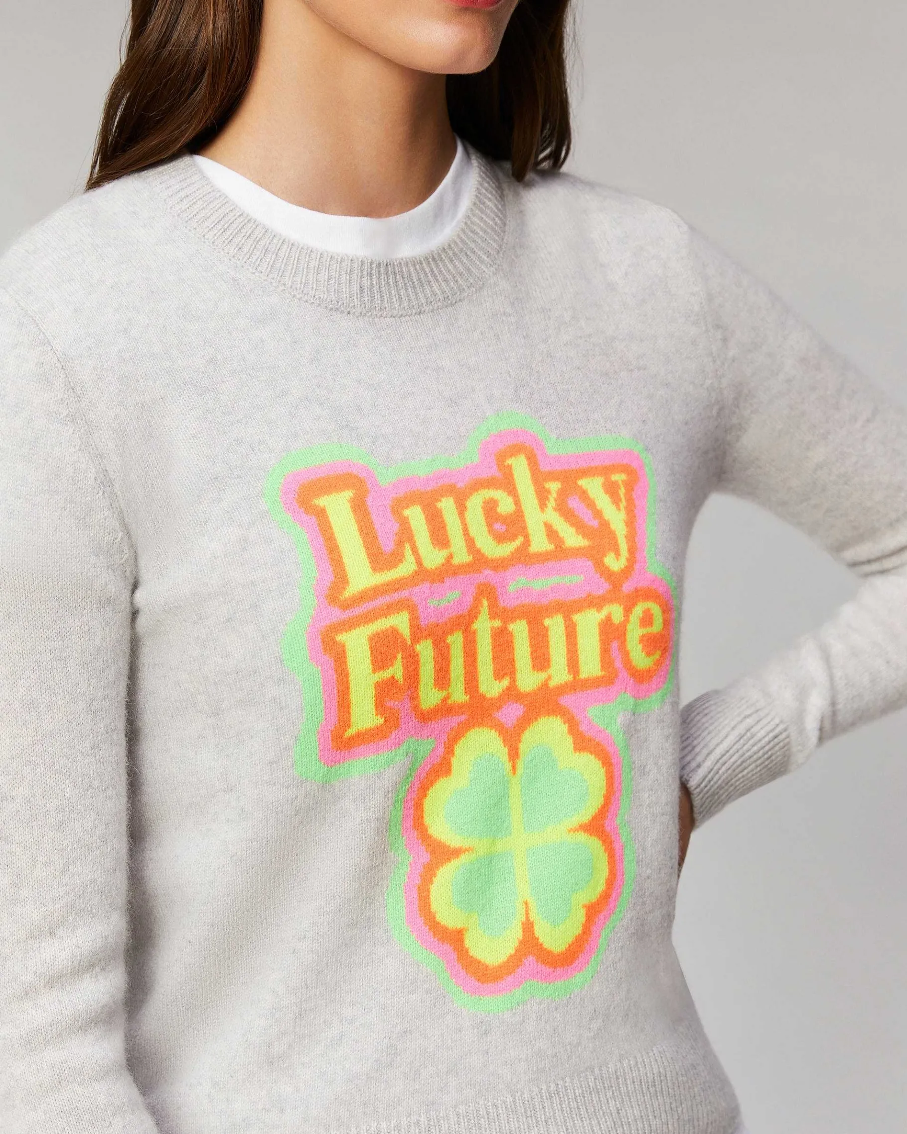 New FROM FUTURE Pull Col Rond Lucky Future Leger Gris Chine Clair