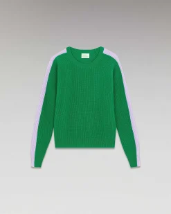 Online FROM FUTURE Pull Col Rond Maille Perlee Bandes Multicolore Winter Green