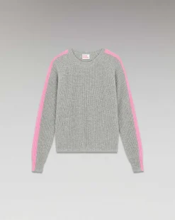 Outlet FROM FUTURE Pull Col Rond Maille Perlee Bandes Multicolore Gris Chine Fonce