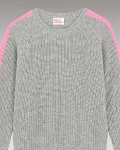 Outlet FROM FUTURE Pull Col Rond Maille Perlee Bandes Multicolore Gris Chine Fonce