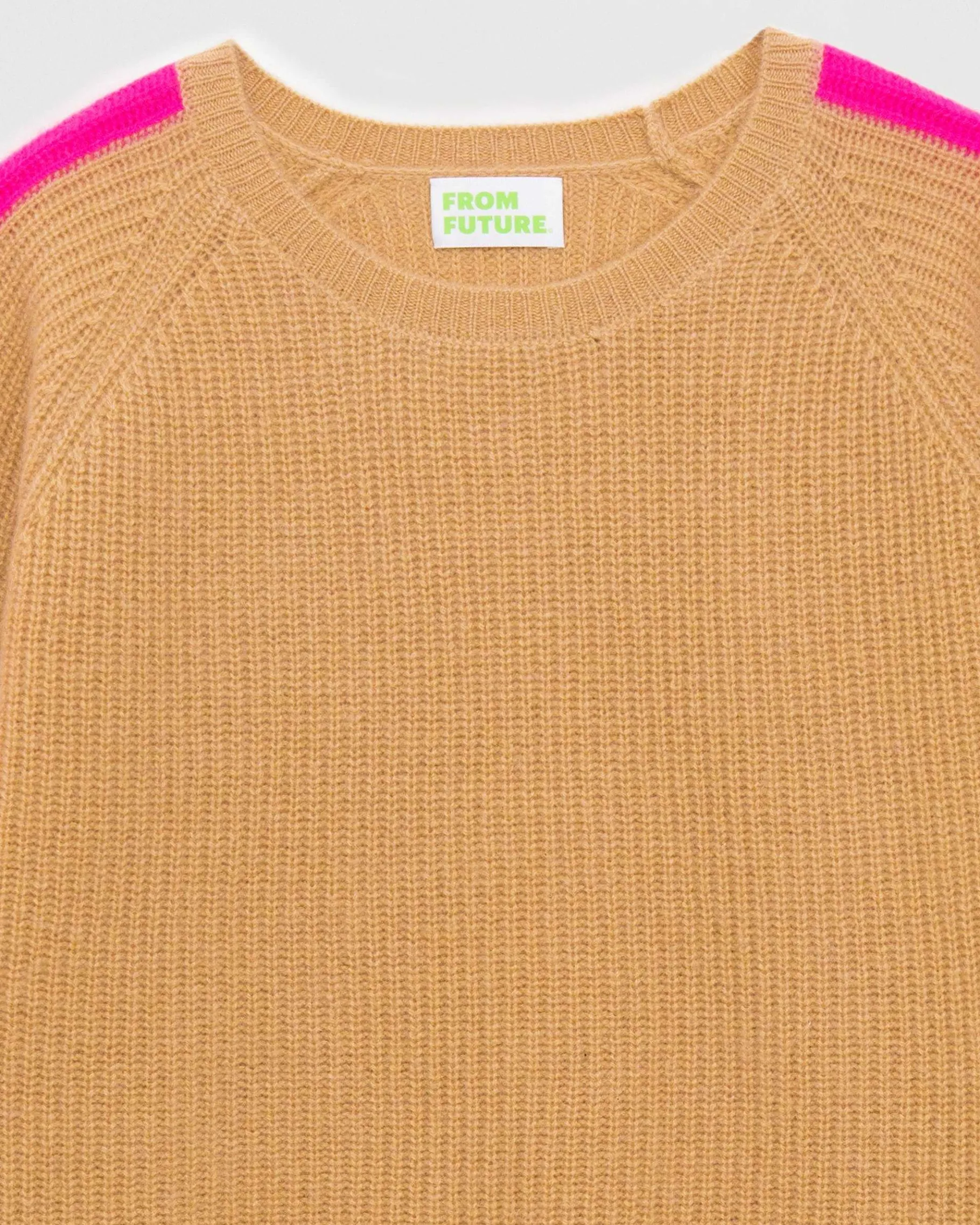 Outlet FROM FUTURE Pull Col Rond Maille Perlee Bandes Multicolore Camel