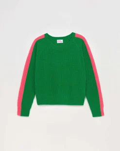 Sale FROM FUTURE Pull Col Rond Maille Perlee Bandes Multicolore Vert Gazon