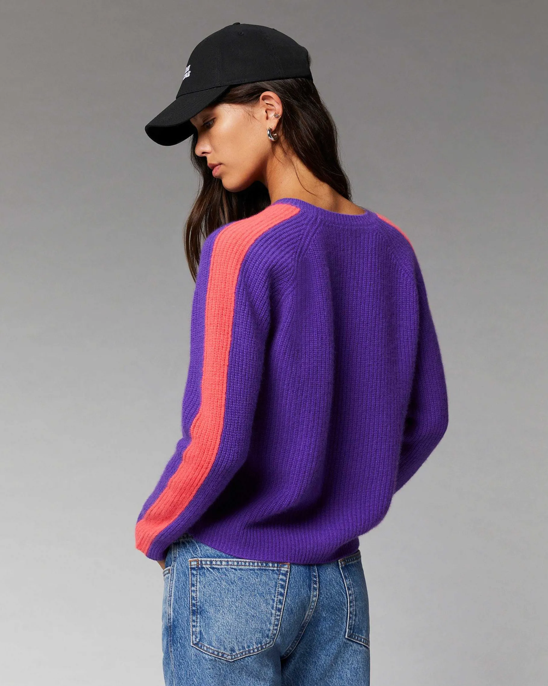 Clearance FROM FUTURE Pull Col Rond Maille Perlee Bandes Multicolore Gris Chine Clair