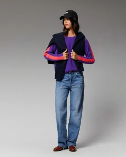 FROM FUTURE Pull Col Rond Maille Perlee Bandes Multicolore Violet Fluo