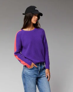 FROM FUTURE Pull Col Rond Maille Perlee Bandes Multicolore Violet Fluo