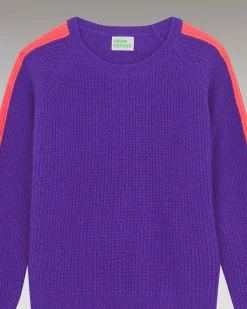 FROM FUTURE Pull Col Rond Maille Perlee Bandes Multicolore Violet Fluo