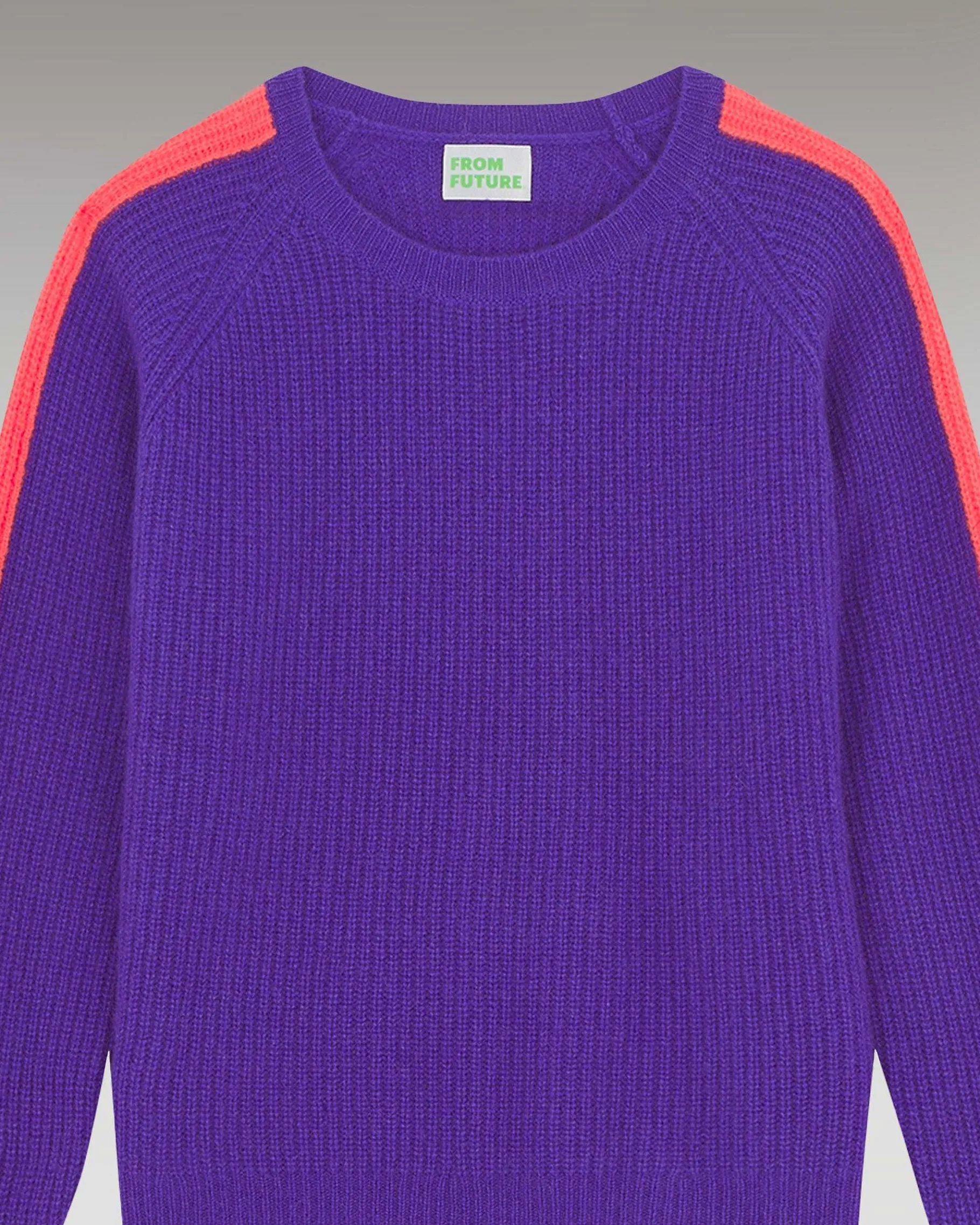FROM FUTURE Pull Col Rond Maille Perlee Bandes Multicolore Violet Fluo