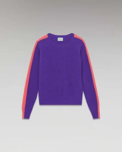 FROM FUTURE Pull Col Rond Maille Perlee Bandes Multicolore Violet Fluo