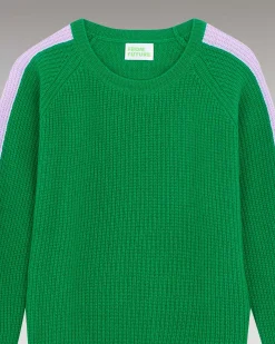 FROM FUTURE Pull Col Rond Maille Perlee Bandes Multicolore Winter Green