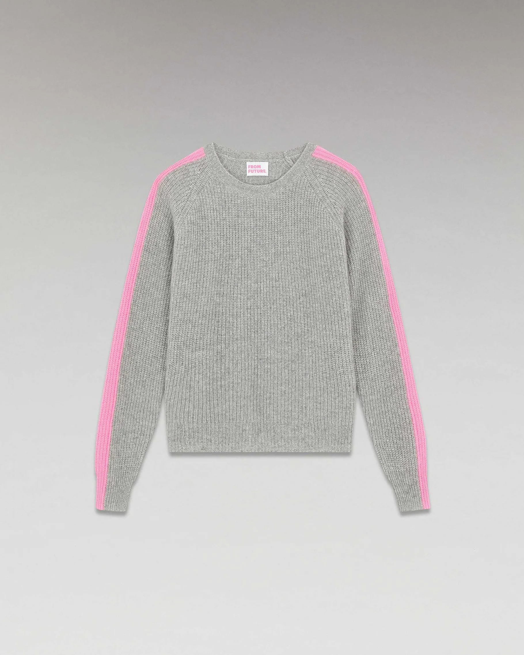FROM FUTURE Pull Col Rond Maille Perlee Bandes Multicolore Gris Chine Fonce