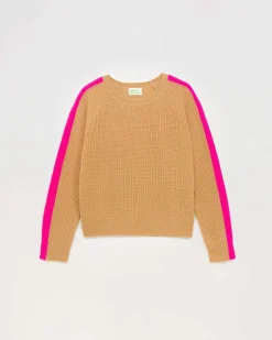 FROM FUTURE Pull Col Rond Maille Perlee Bandes Multicolore Camel