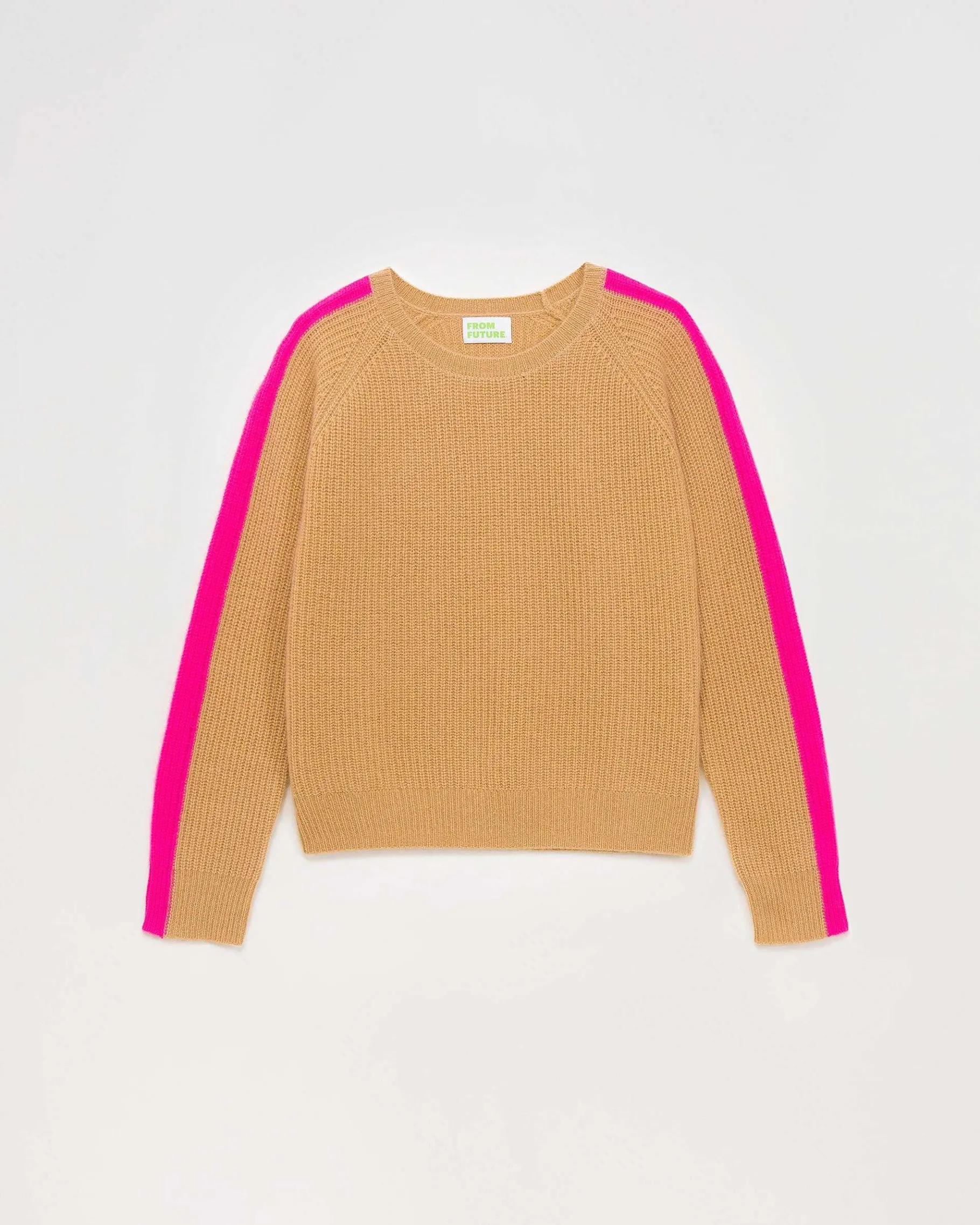 FROM FUTURE Pull Col Rond Maille Perlee Bandes Multicolore Camel