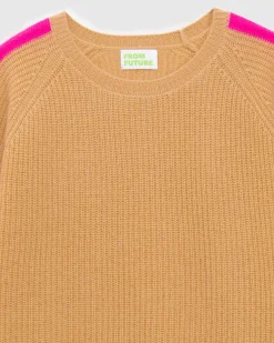 FROM FUTURE Pull Col Rond Maille Perlee Bandes Multicolore Camel