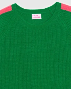 Best FROM FUTURE Pull Col Rond Maille Perlee Bandes Multicolore Vert Gazon