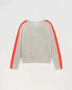 New FROM FUTURE Pull Col Rond Maille Perlee Bandes Multicolore Gris Chine Clair
