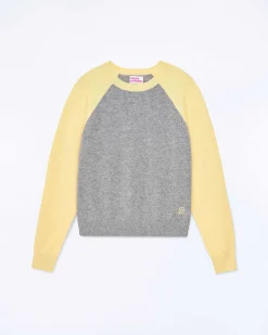 Sale FROM FUTURE Pull Col Rond Manches Contrastees Gris Chine Fonce